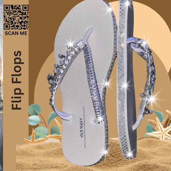 Flip Flops, Bridal Shoes, Beach Wedding Flip Flops, Rhinestones/Crystals, SZ6 - Picture 4 of 16